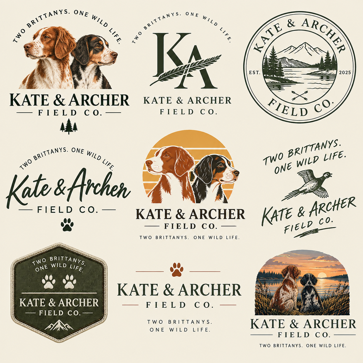 Two Brittanys. One Wild Life. Kate and Archer in script, Field Co., with a paw print